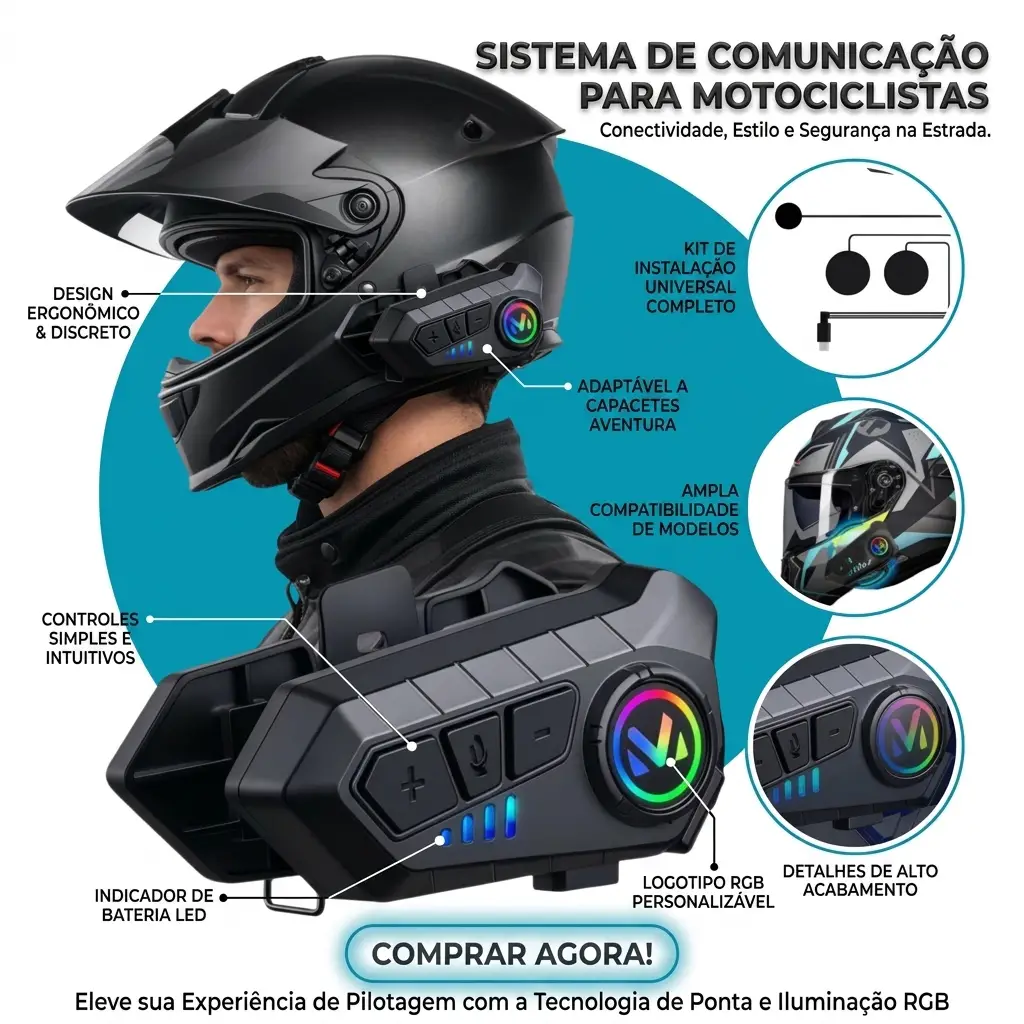 Fone Bluetooth Capacete Moto NeoXtek V10 Resistência Água IPX67