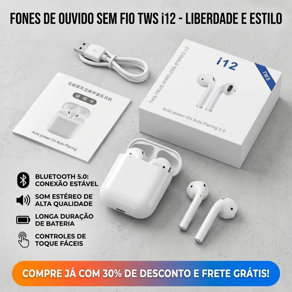 Fone de Ouvido Sem Fio TWS i12 Bluetooth 5.0 Touch In-ear Branco