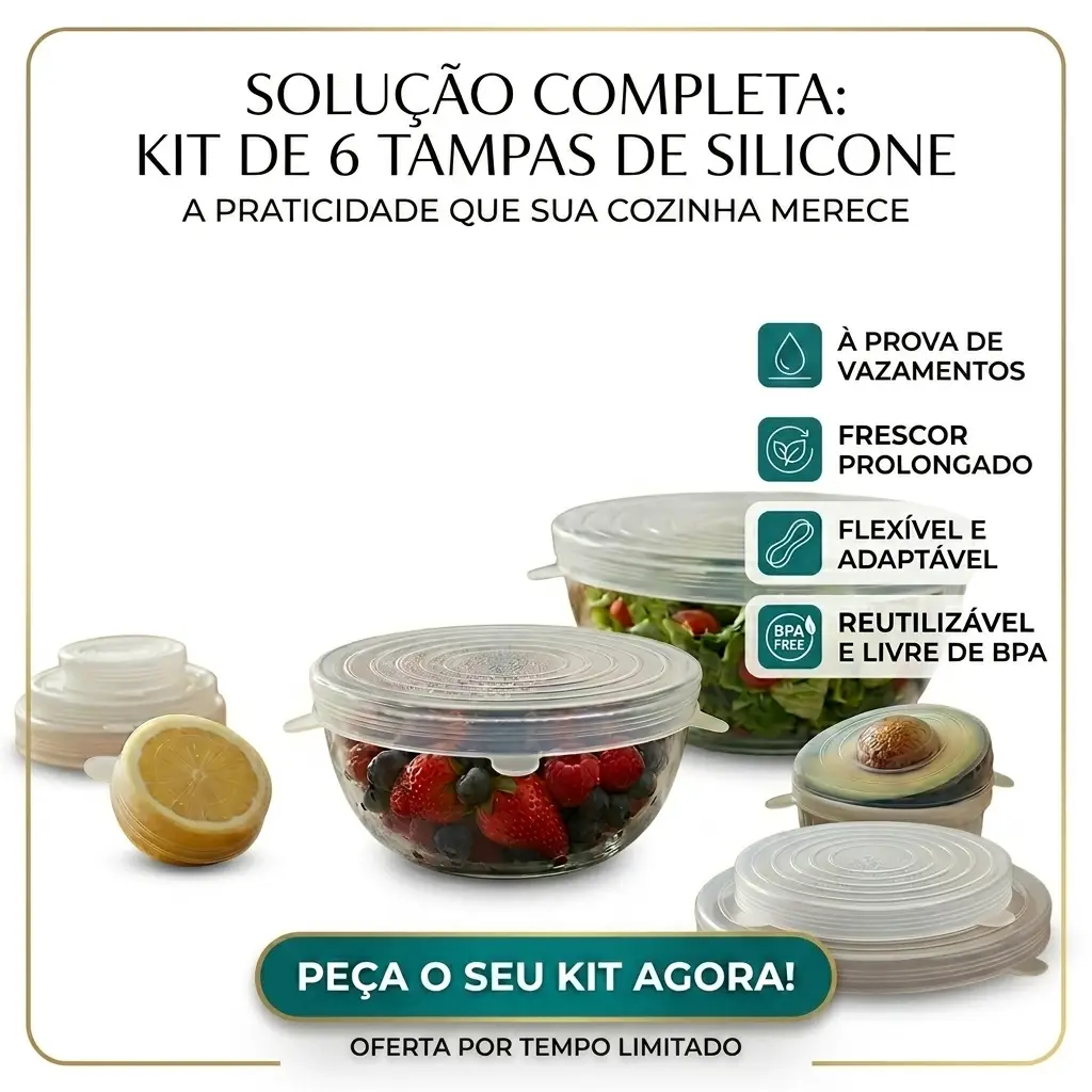 Kit 6 Tampas Silicone, Tampa panela Elastica Reutilizável Elástica para Potes Tapoer Cozinha Flexivel